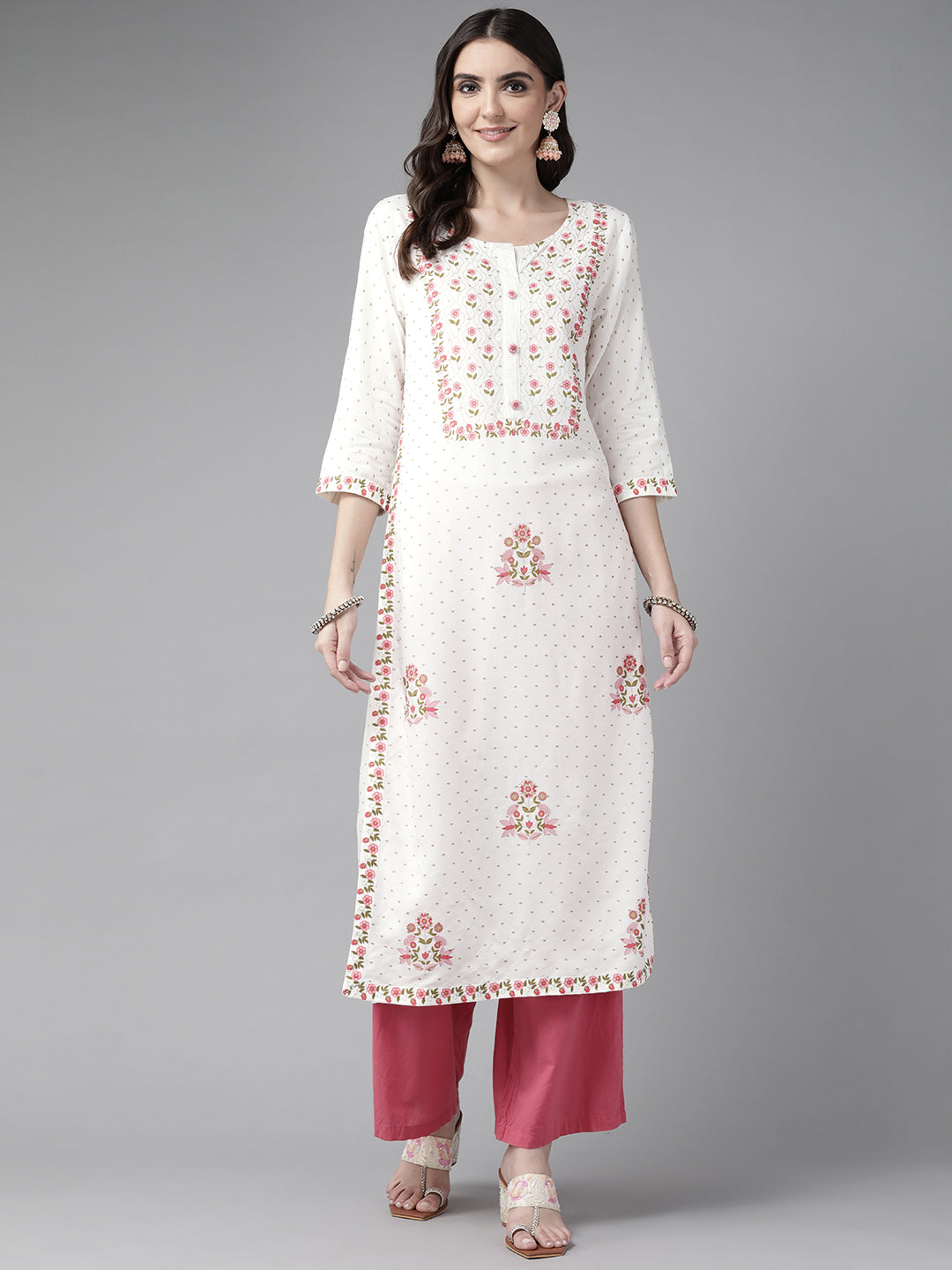 Women's White Floral Print Straight Rayon Kurta - Yufta