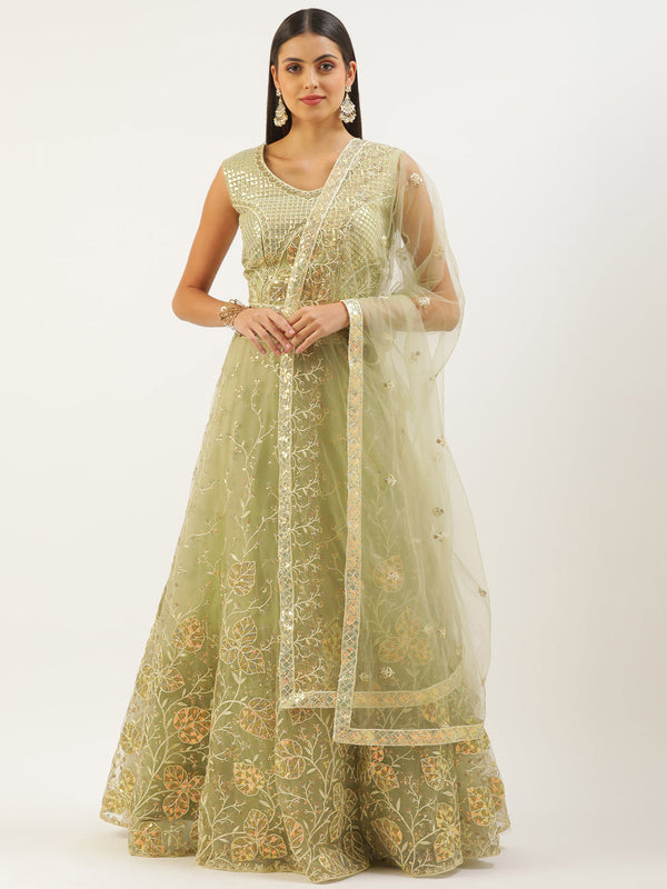 Women's Pista Net Sequinse Work Fully-Stitched Lehenga & Stitched Blouse, Dupatta - Royal Dwells