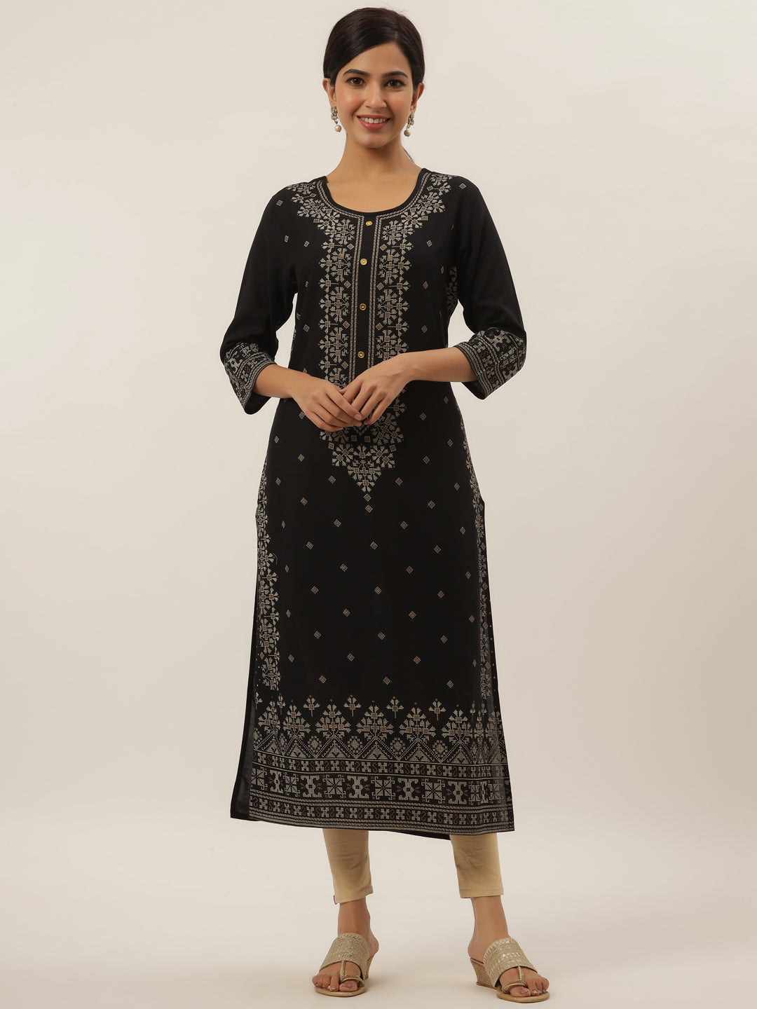 Women's Black Geometric Print Straight Kurta - Yufta