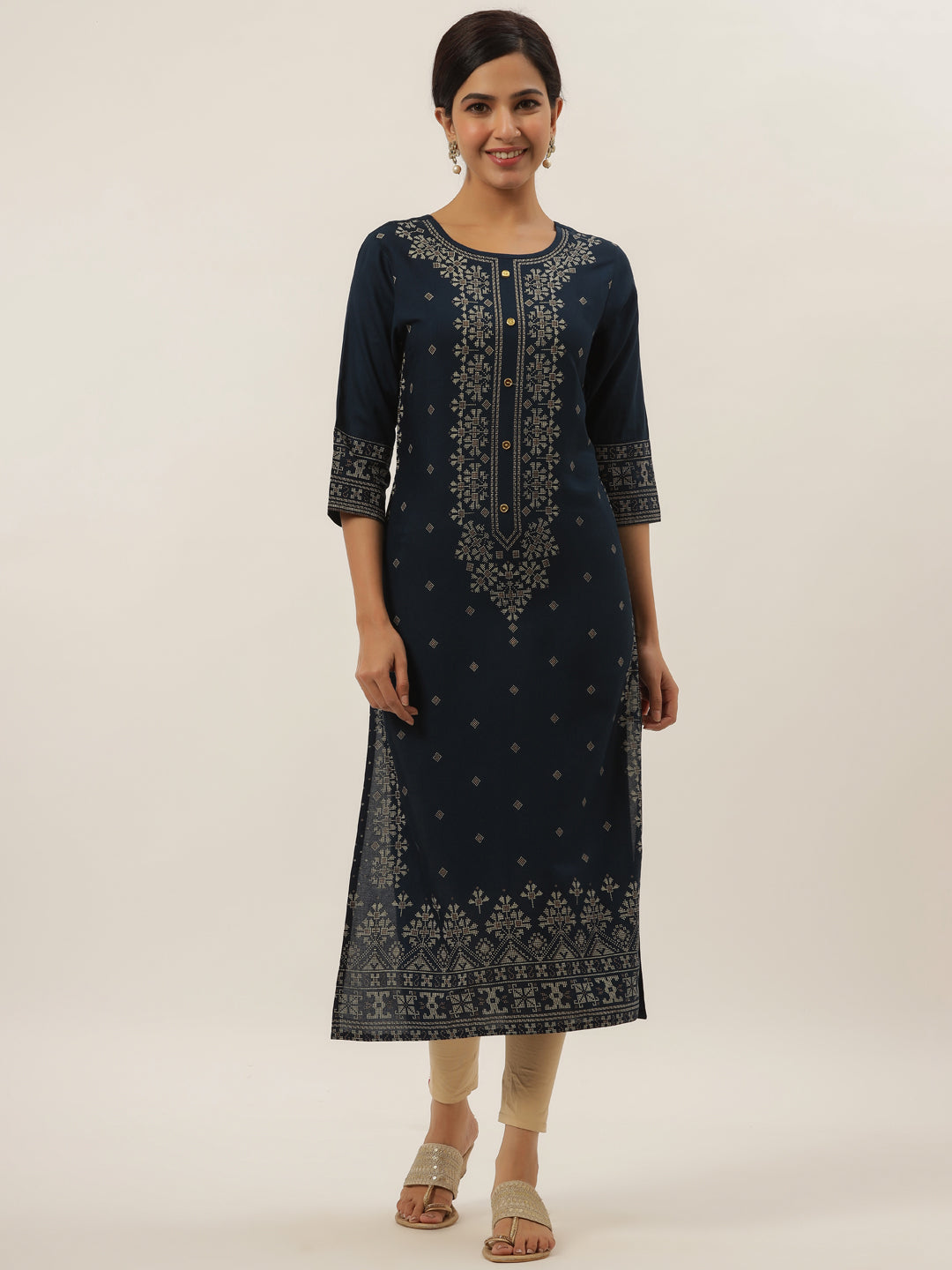 Women's Blue Geometric Print Straight Kurta - Yufta