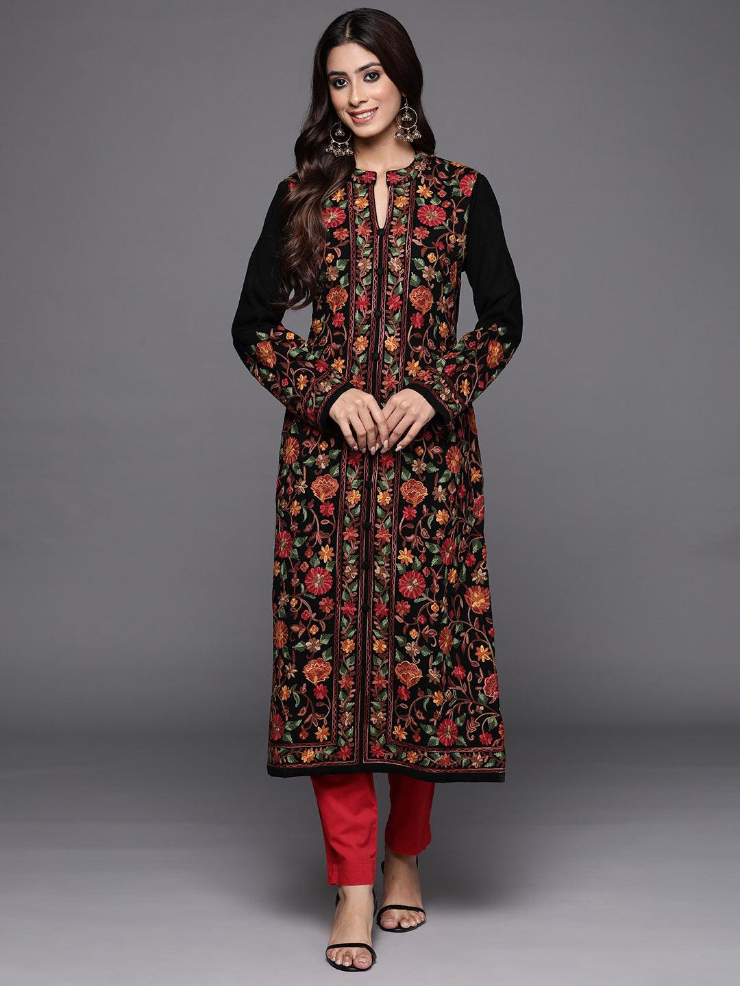 Black Embroidered Wool Straight Kurta - Jashvi