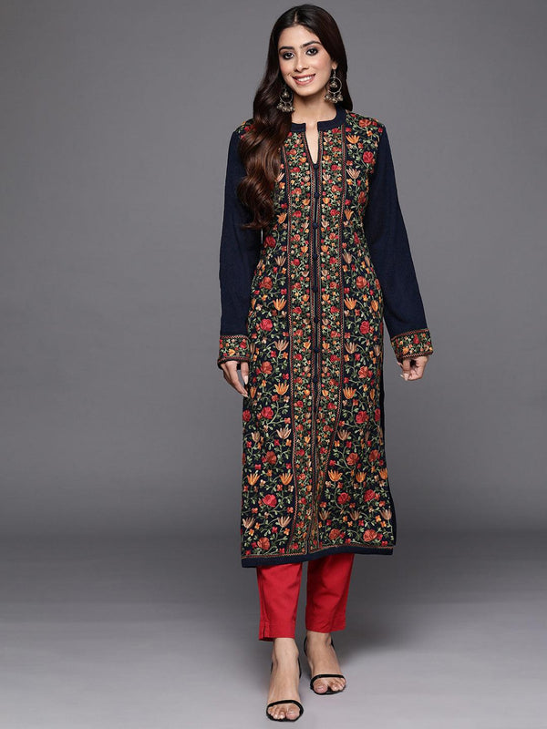 Blue Embroidered Wool Straight Kurta - Jashvi