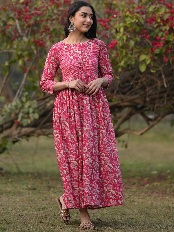 Pink Printed Cotton Fit and Flared Dress