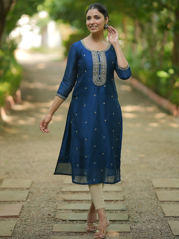 Teal Embroidered Silk Straight Kurta