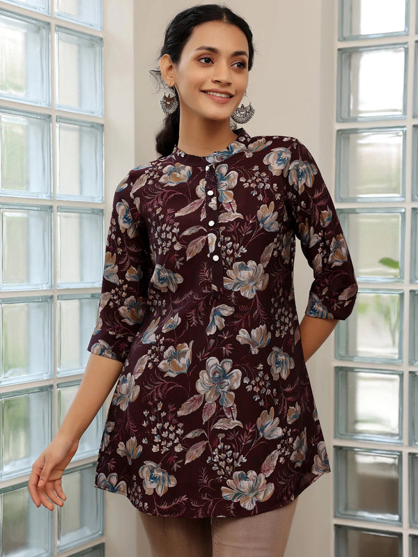 Wine Printed Silk Blend Straight Kurti