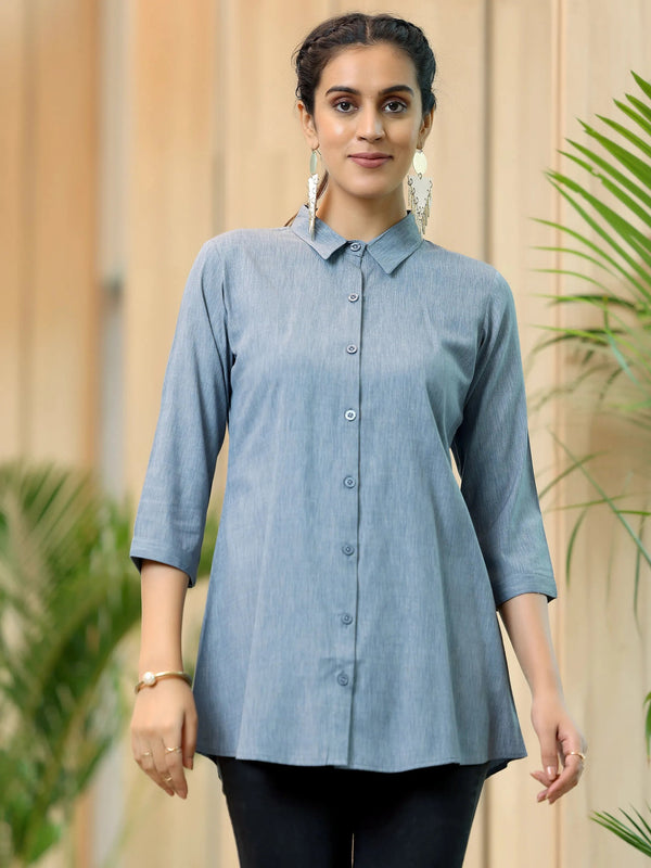 Grey Solid Cotton Blend Straight Kurti