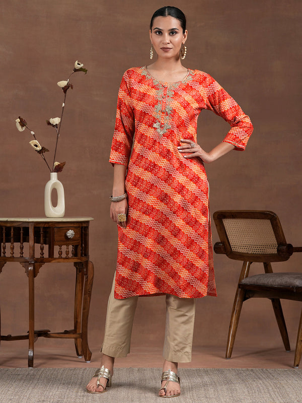 Orange Printed Rayon Straight Kurta