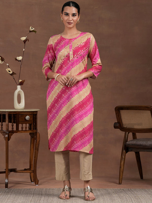 Pink Printed Rayon Straight Kurta