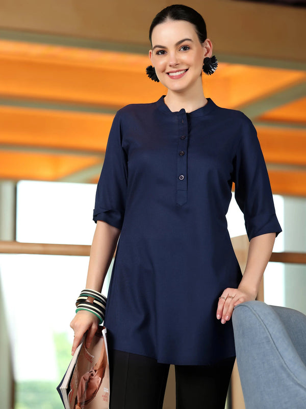 Navy Solid Rayon Straight Tunic