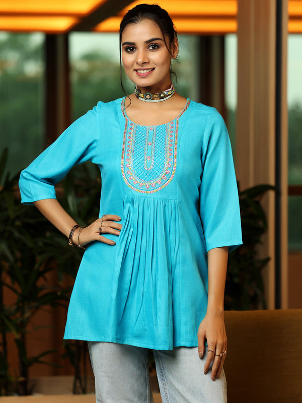 Turquoise Yoke Design Cotton Blend A-Line Kurti