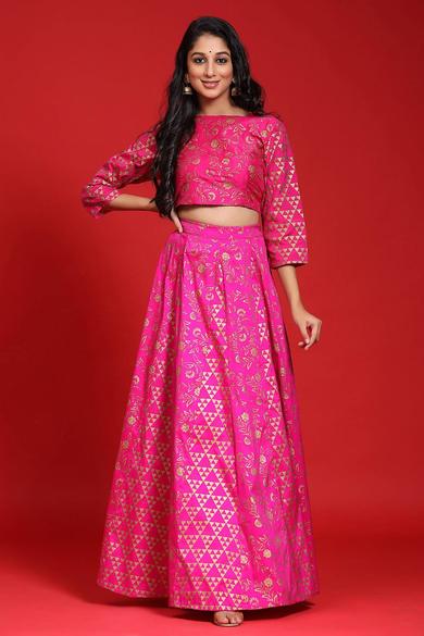 Fuschia Taffeta Silk Foil Print Lehenga Choli Set - Juniper