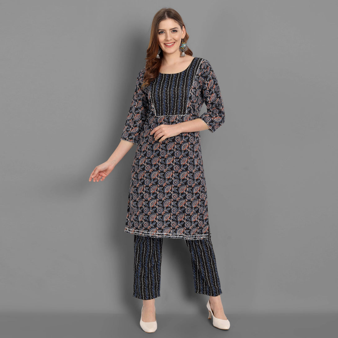 Women's Black Cotton Printed Kurta With Printed Pant  - Singni