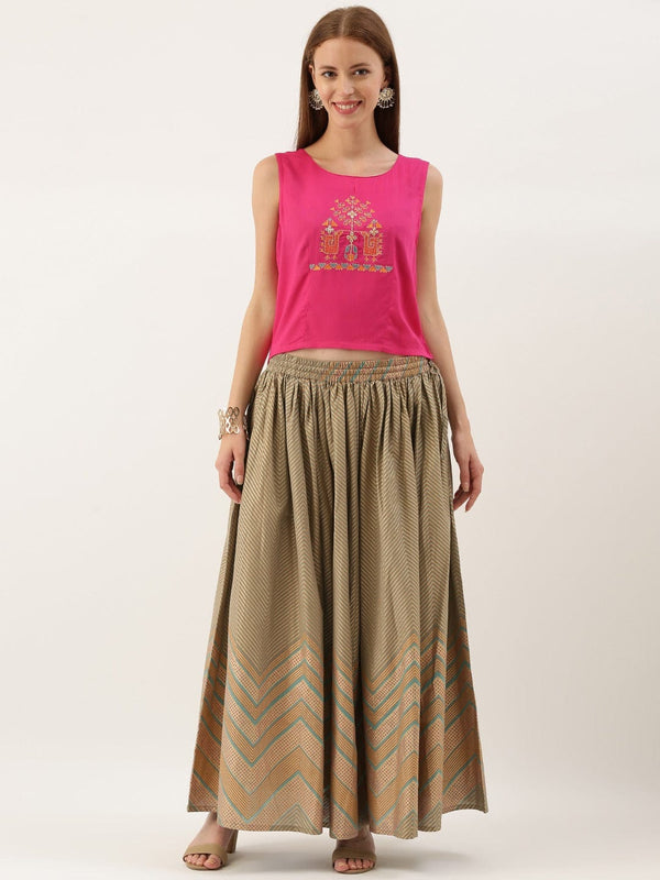 Women's Pink & Golden Embroidered Top with Skirt - Varanga