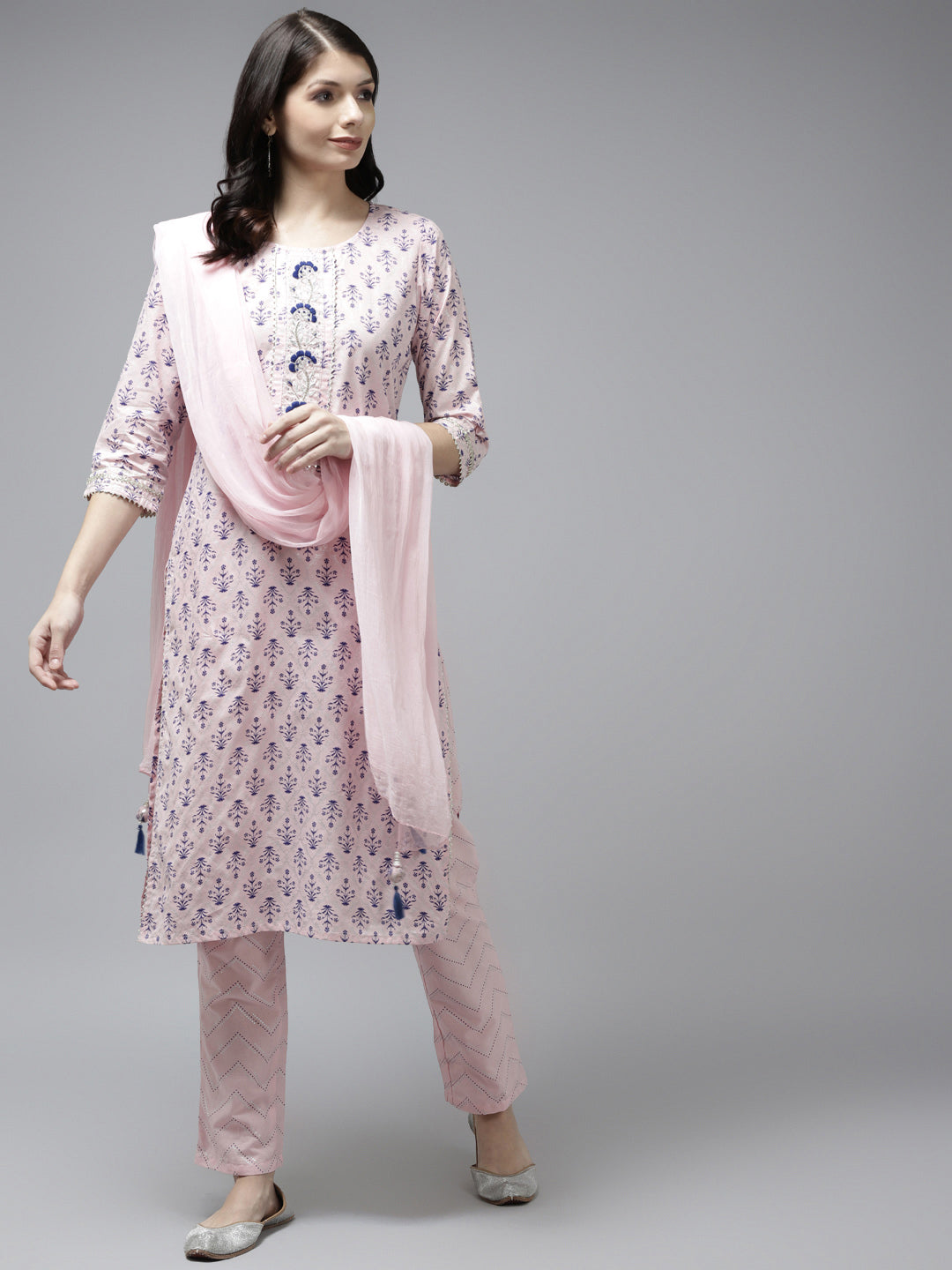 Women's Pink Zari Work Cotton Kurta With Trouser & Dupatta - Yufta