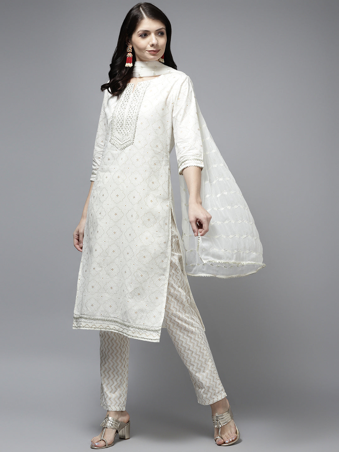 Women's White Printed Zari Work Cotton Kurta With Trouser & Dupatta - Yufta