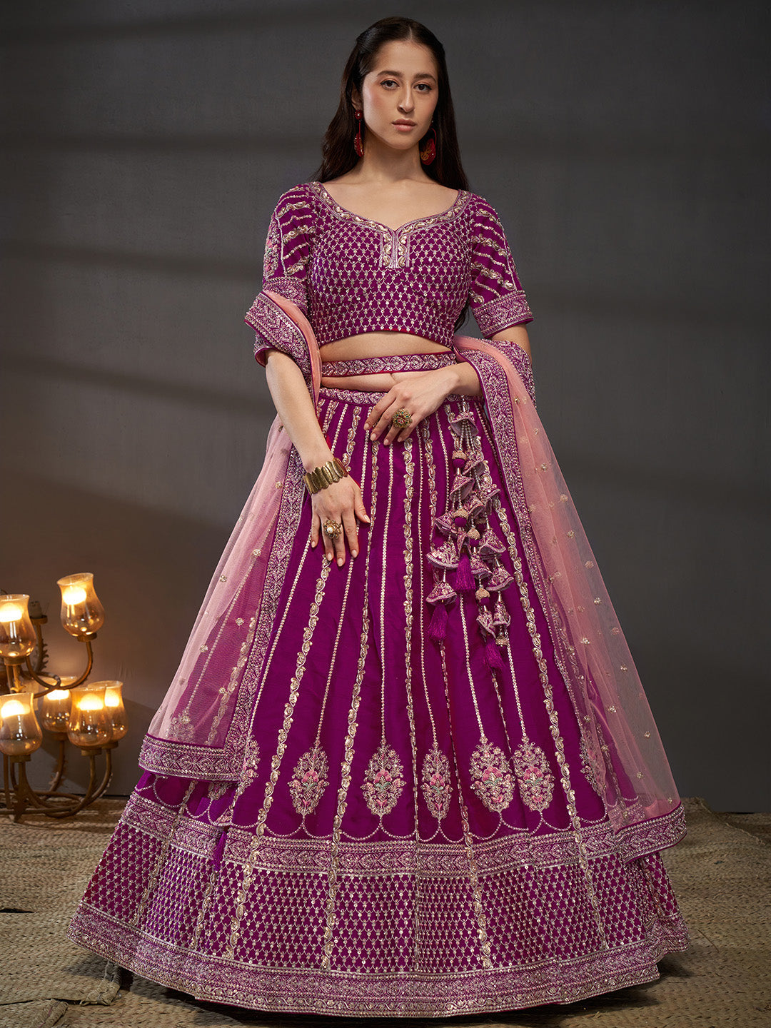 Women's Burgundy Pure Silk Moti, Zarkan & Heavy Work Embroidery Semi-Stitched Bridel Lehenga Choli & Dupatta - Royal Dwells