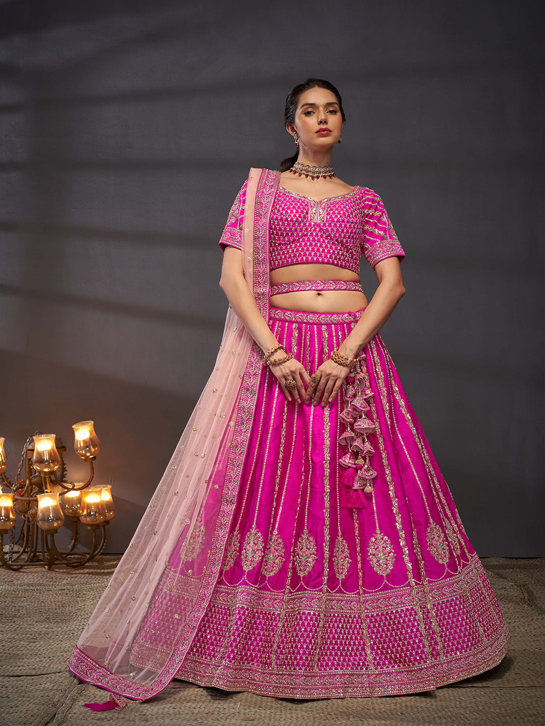 Women's Pink Pure Silk Moti, Zarkan & Heavy Sequin Embroidery Semi-Stitched Bridel Lehenga Choli & Dupatta - Royal Dwells