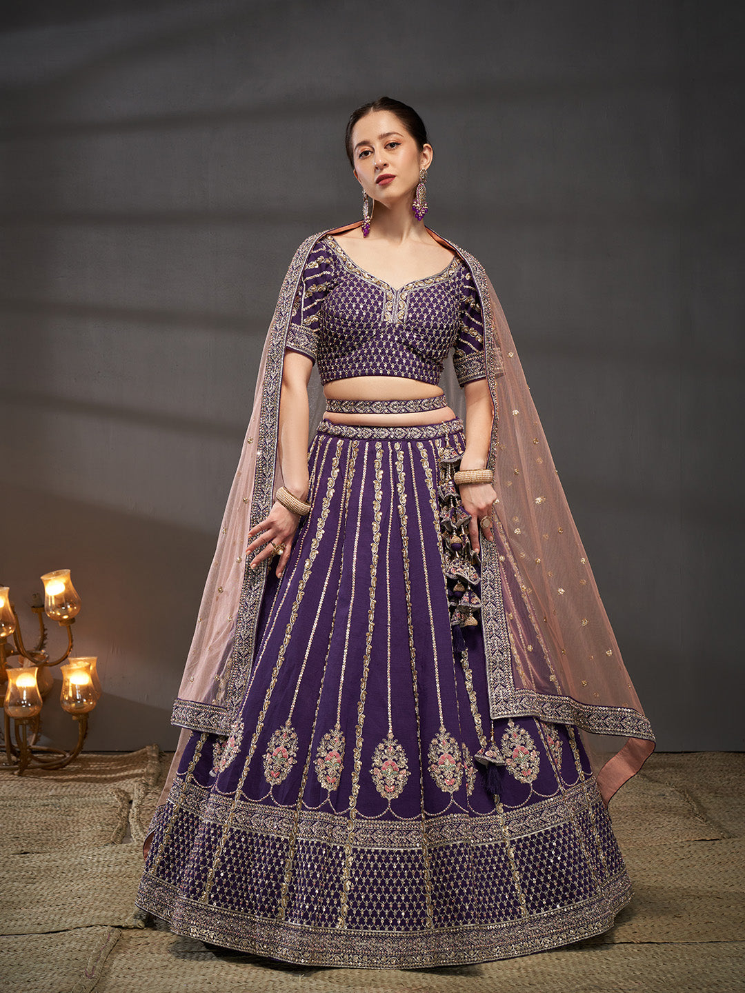 Women's Purple Pure Silk Moti, Zarkan & Heavy Sequin Embroidery Semi-Stitched Bridel Lehenga Choli & Dupatta - Royal Dwells