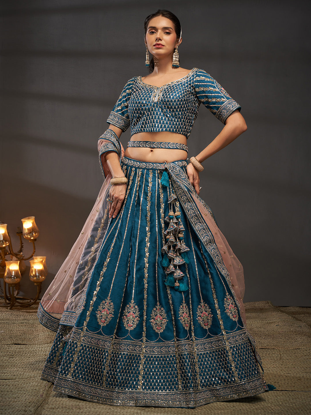 Women's Teal Pure Silk Moti, Zarkan & Heavy Sequin Embroidery Semi-Stitched Bridel Lehenga Choli & Dupatta - Royal Dwells