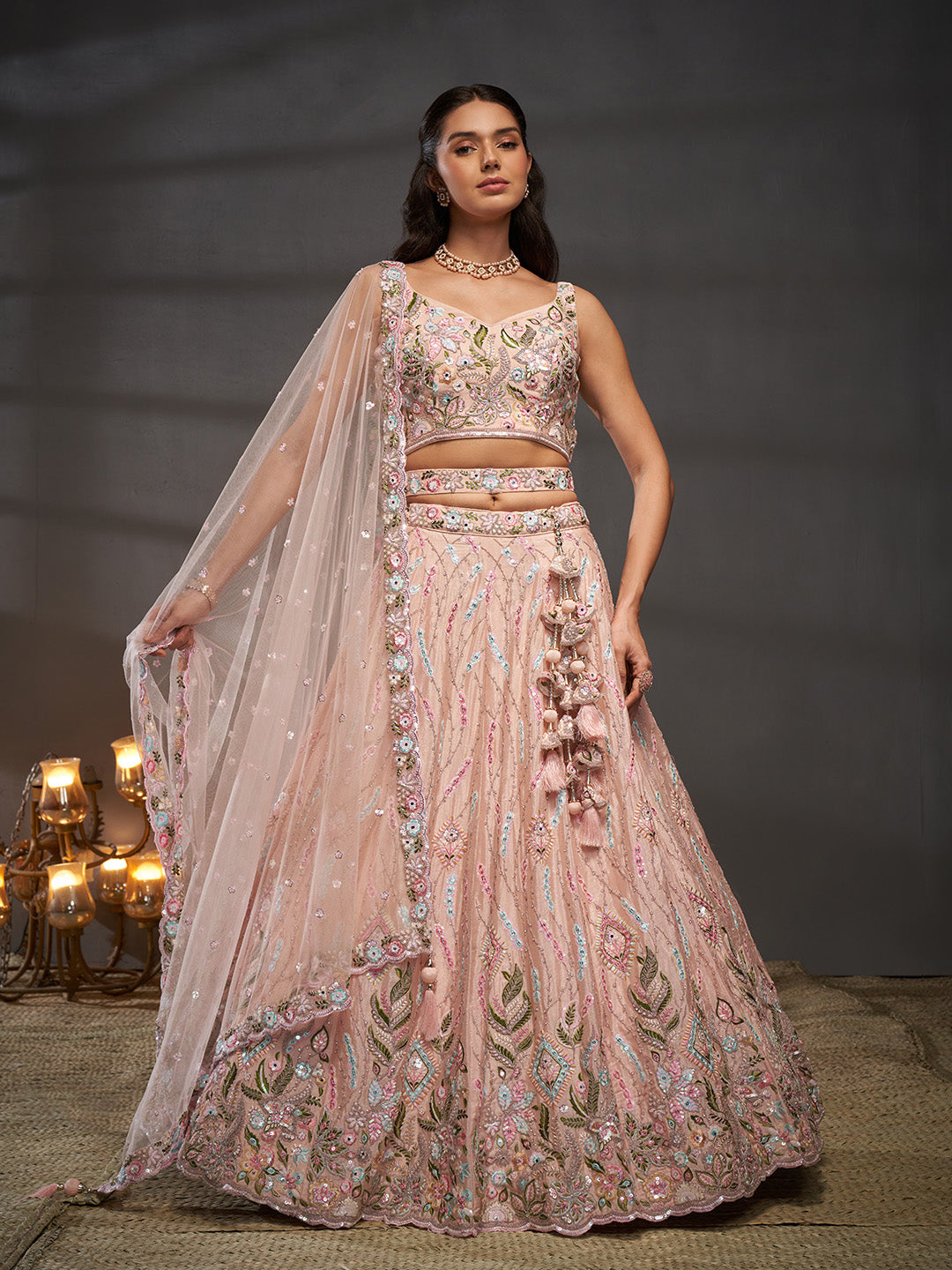 Women's Peach Pure Chiffon Mirror Zarkan & Heavy Sequin Embroidery Semi-Stitched Bridel Lehenga Choli & Dupatta - Royal Dwells