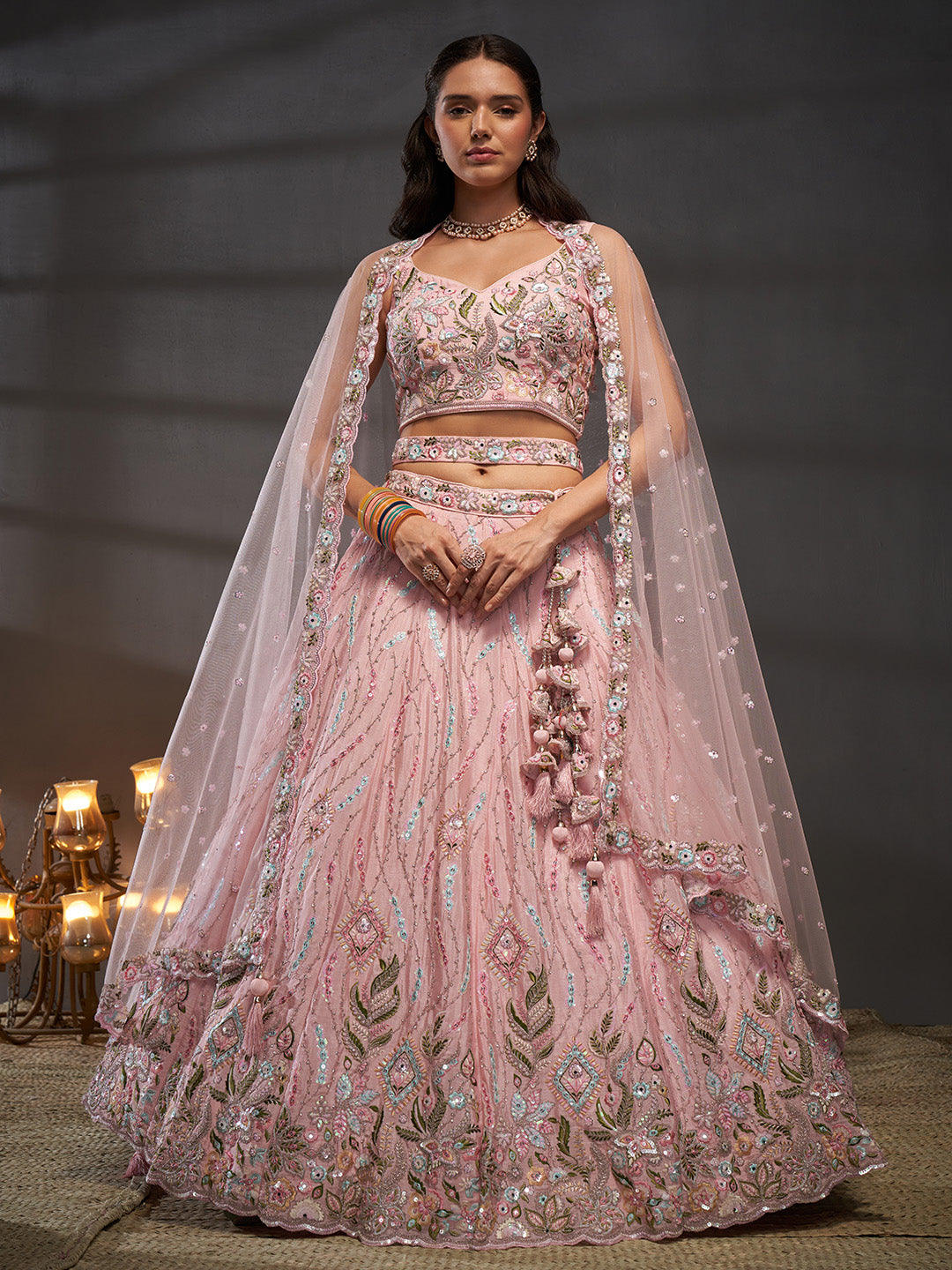 Women's Pink Pure Chiffon Mirror Zarkan & Heavy Sequin Embroidery Semi-Stitched Bridel Lehenga Choli & Dupatta - Royal Dwells