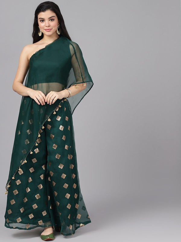 Women's Dark Green Foil Print Lehenga Choli - Aks