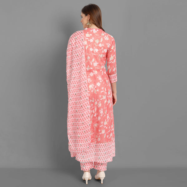 Women's Peach Cotton Printed Hand Work Kurta With Pant And Dupatta - Singni