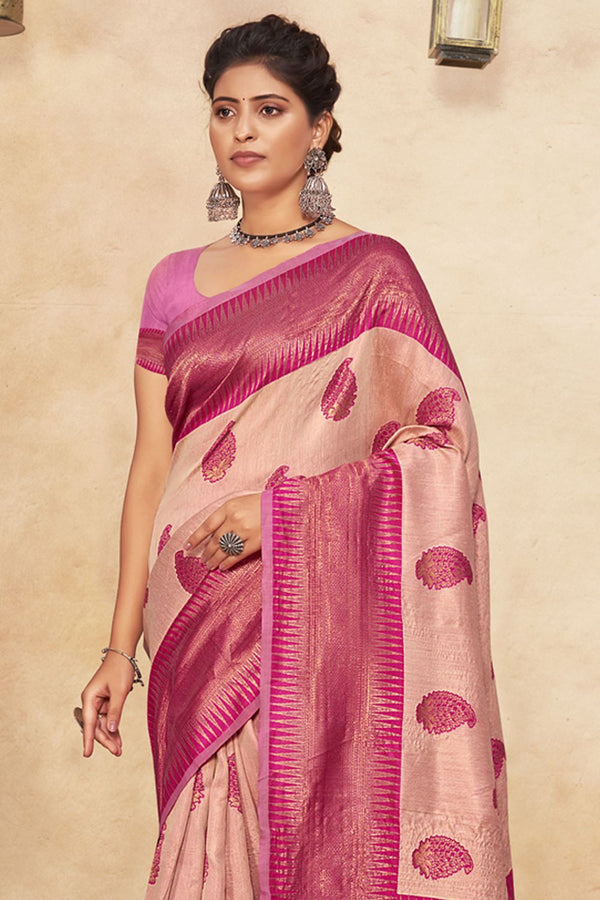 Women's Light Pink Cotton Woven Zari Work Traditional Tassle Saree - Sangam Prints