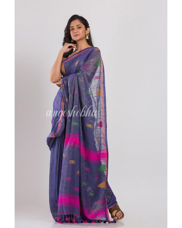 Women's Blue Handwoven Cotton Saree - Angoshobha