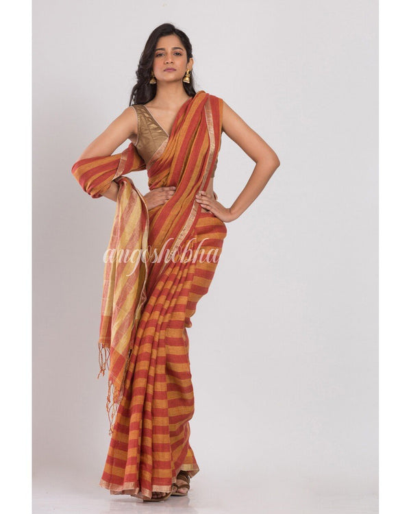 Women's Orange and red stripes handwoven linen saree - Angoshobha