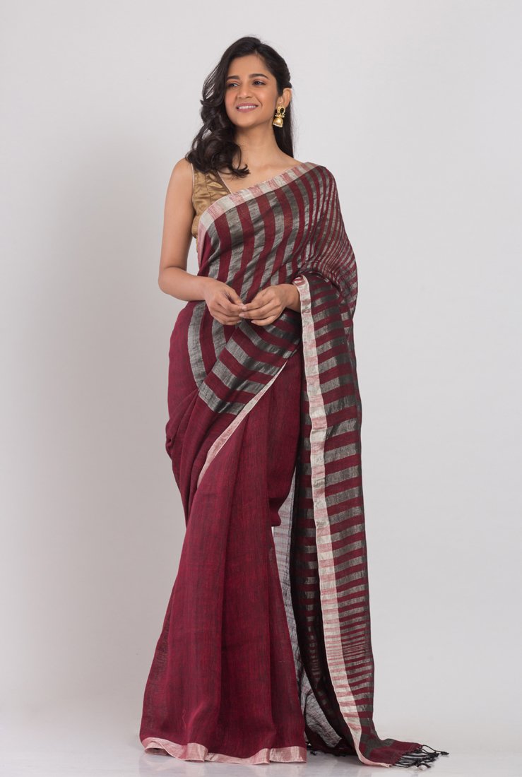 Women's Yellow Handwoven Linen Saree - Angoshobha