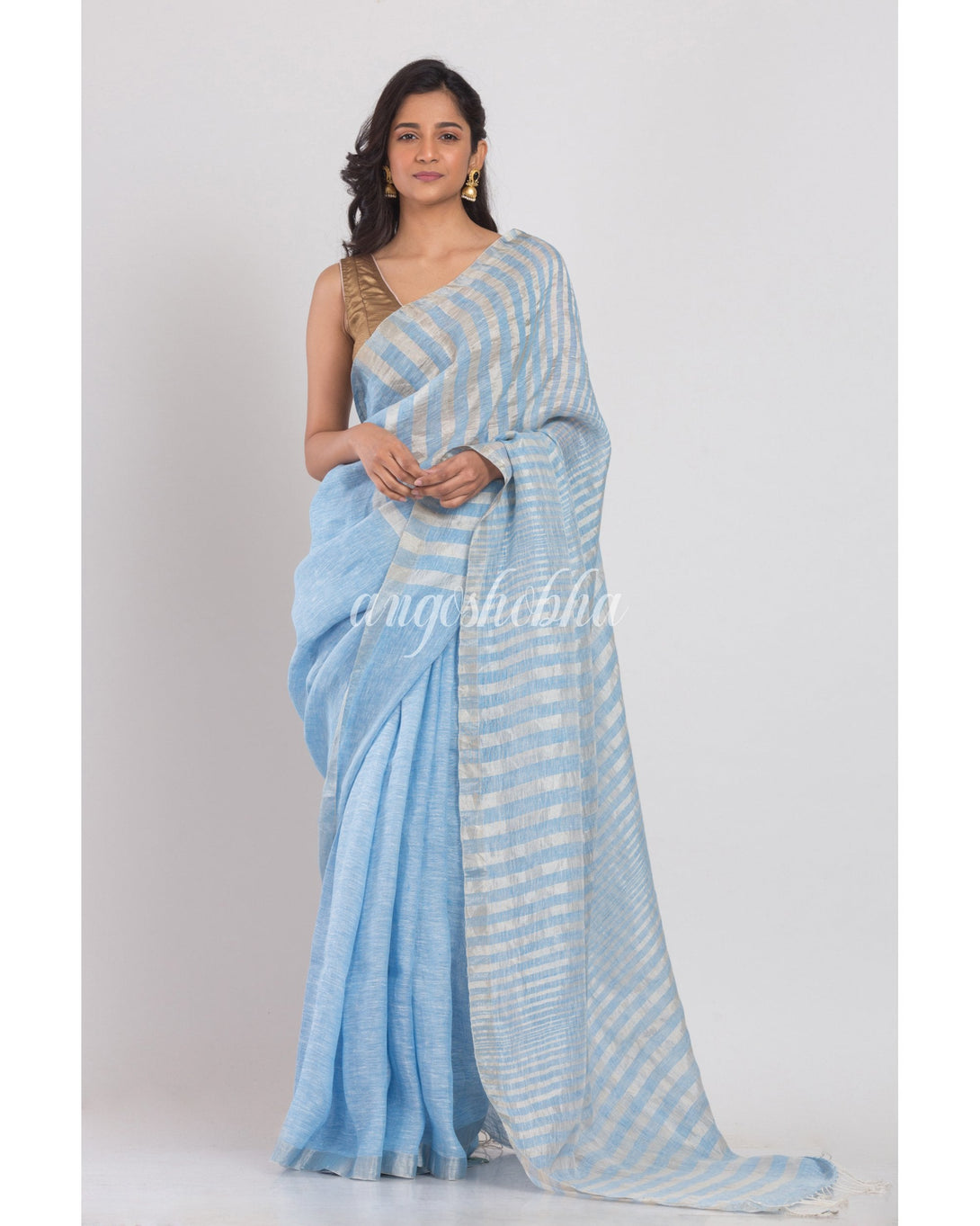 Women's Yellow Handwoven Linen Saree - Angoshobha