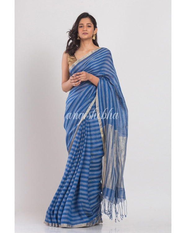 Women's Blue Handwoven Linen Saree - Angoshobha