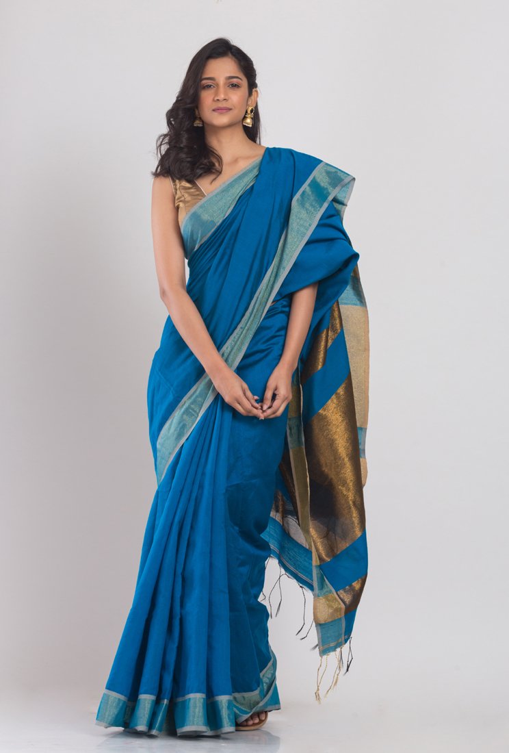 Women's Black Handloom Cotton Silk Saree - Angoshobha