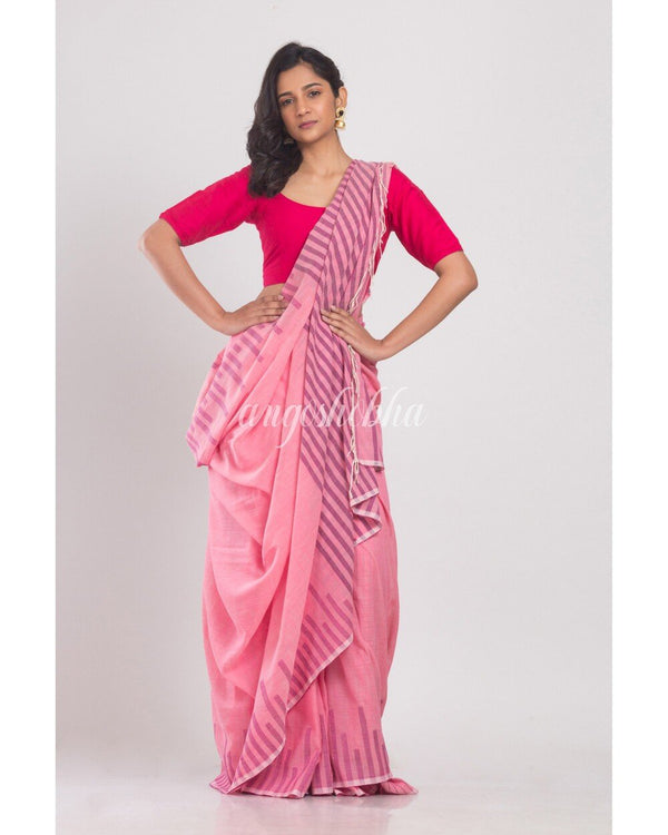 Women's Pink Temple Border Cotton Saree - Angoshobha