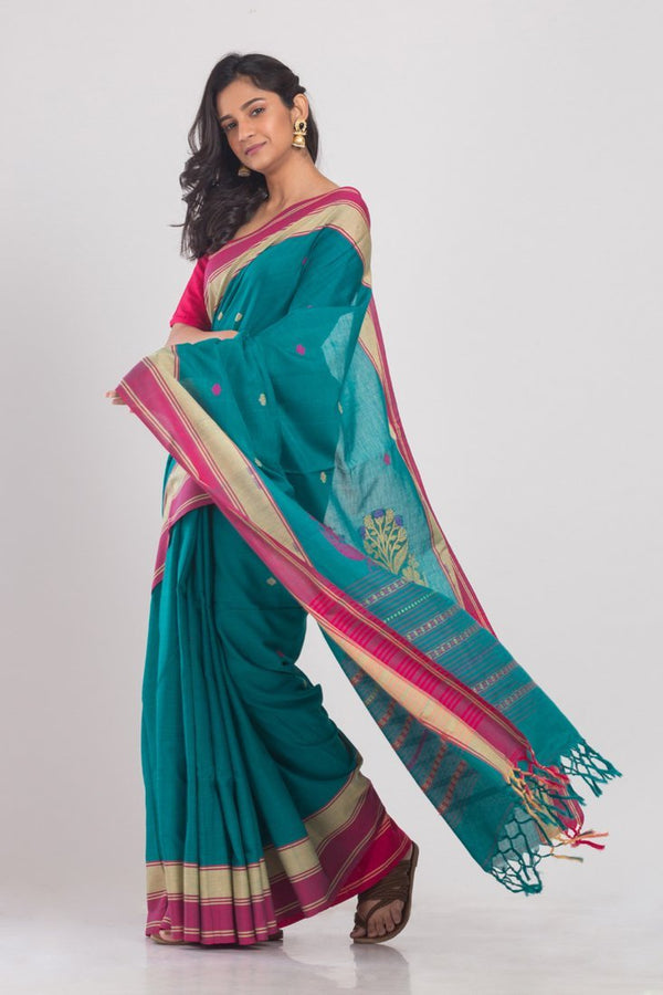 Women's Teal Handloom Cotton Saree - Angoshobha