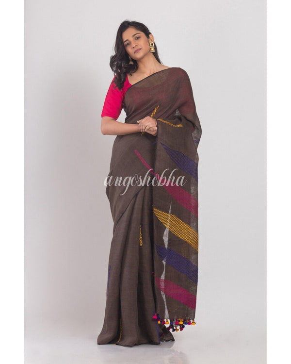 Women's Dark Brown Handwoven Linen Saree - Angoshobha