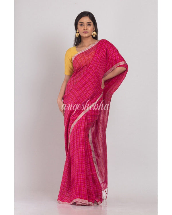 Women's Pink Handwoven Linen Saree - Angoshobha