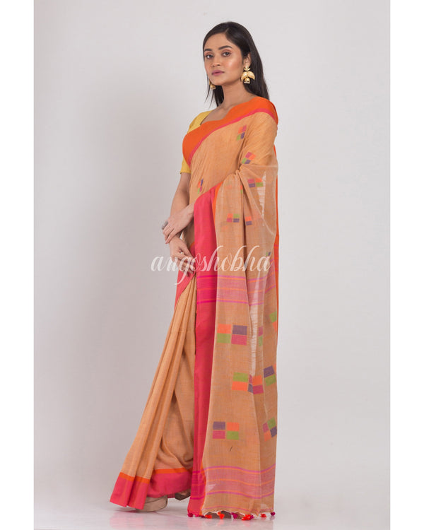 Women's Beige Cotton Handloom Saree - Angoshobha