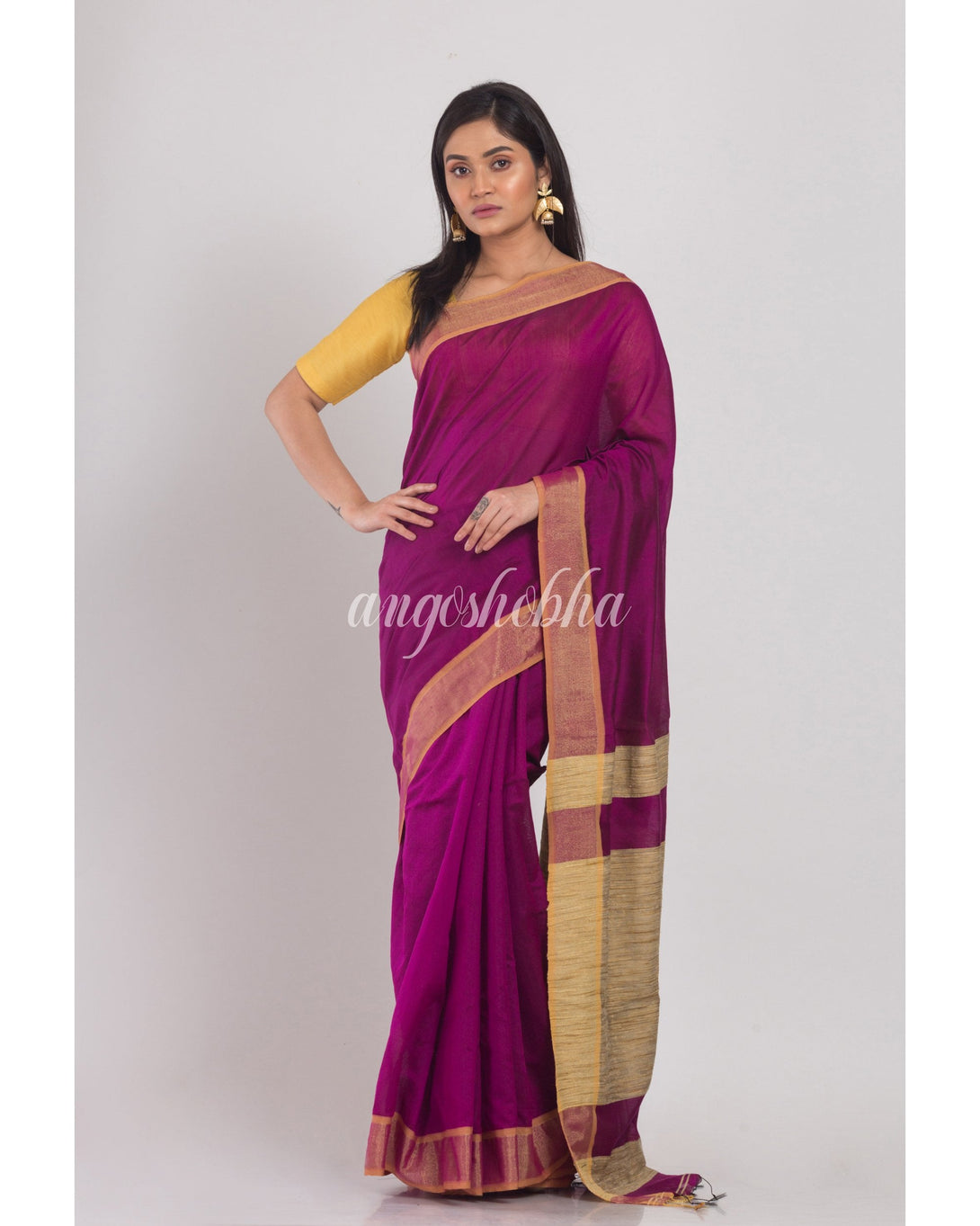 Women's Black Handloom Cotton Silk Saree - Angoshobha