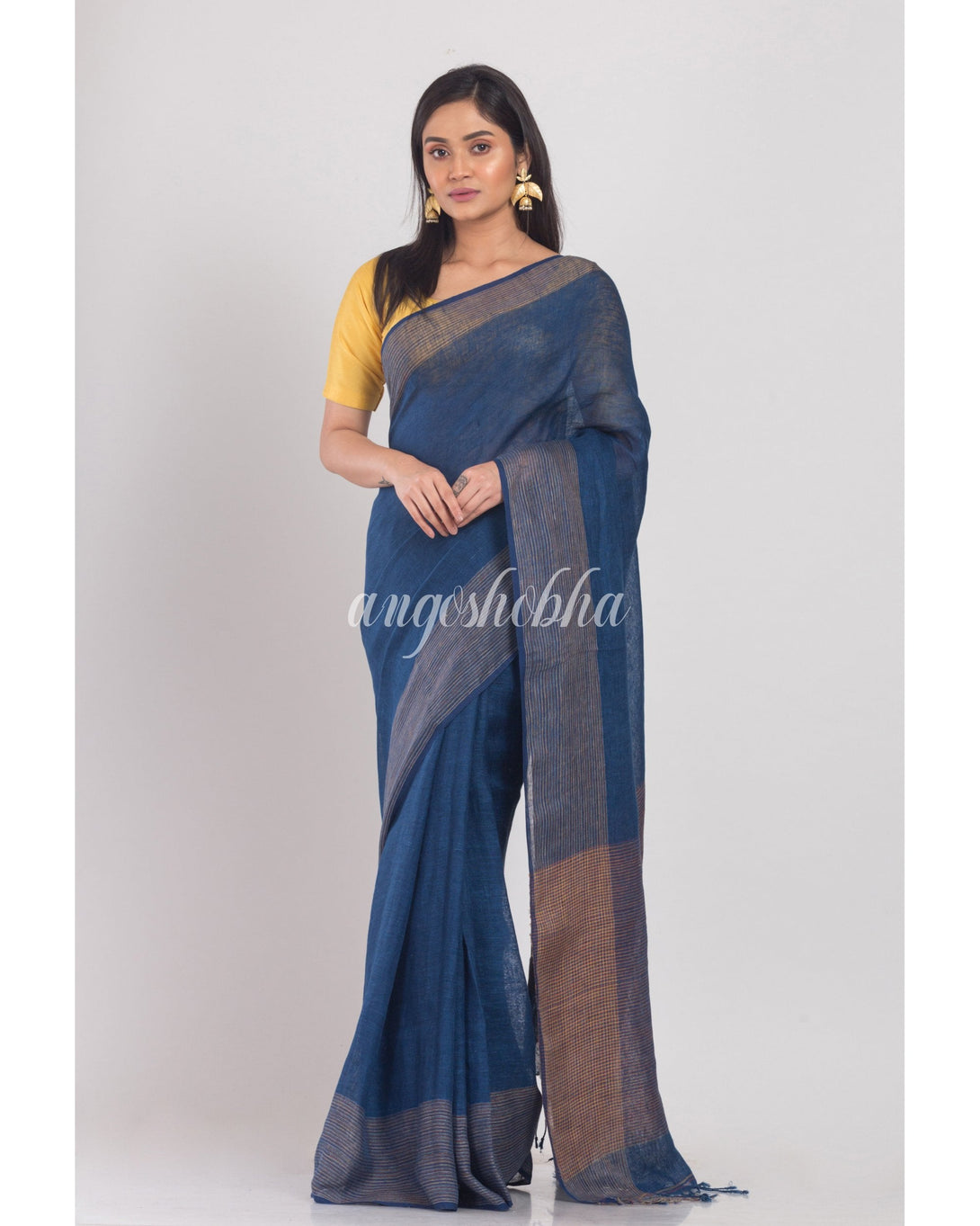 Women's Navy Blue Handloom Linen Saree - Angoshobha