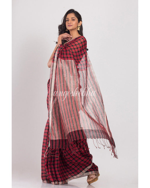 Women's Red Black Stripes Linen Saree - Angoshobha