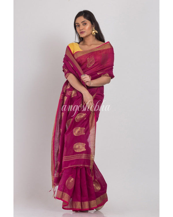 Women's Magenta Cotton Silk Handloom Saree - Angoshobha