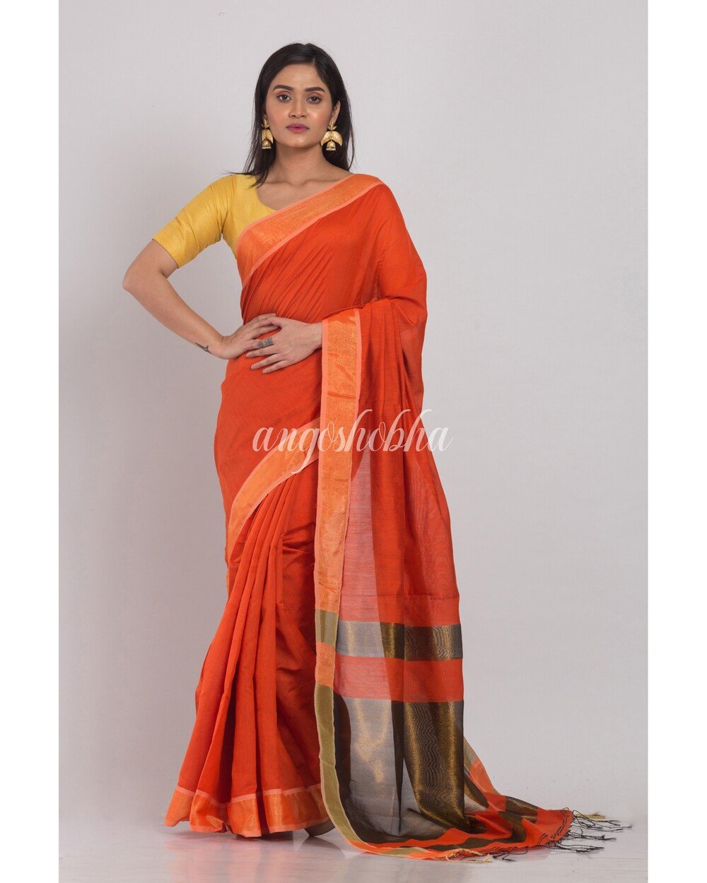 Women's Black Handloom Cotton Silk Saree - Angoshobha