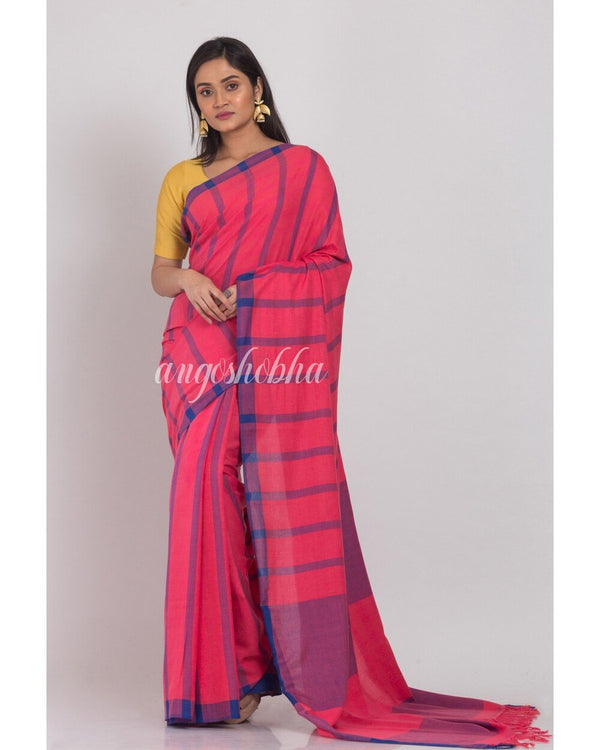 Women's Pink Handloom Cotton Saree - Angoshobha