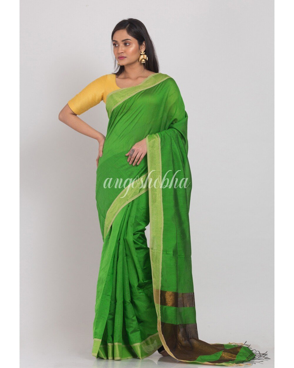 Women's Black Handloom Cotton Silk Saree - Angoshobha