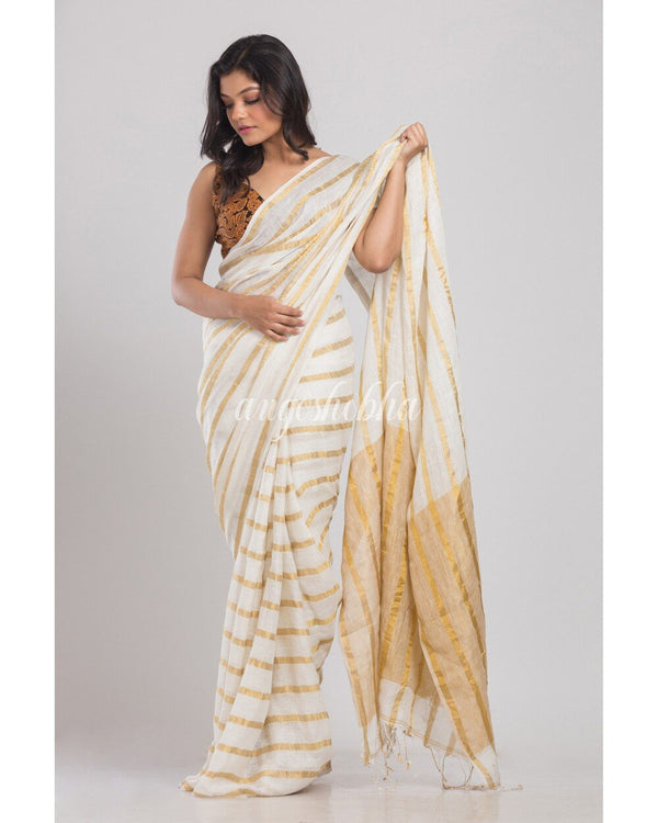 Women's White Handloom Linen Saree - Angoshobha