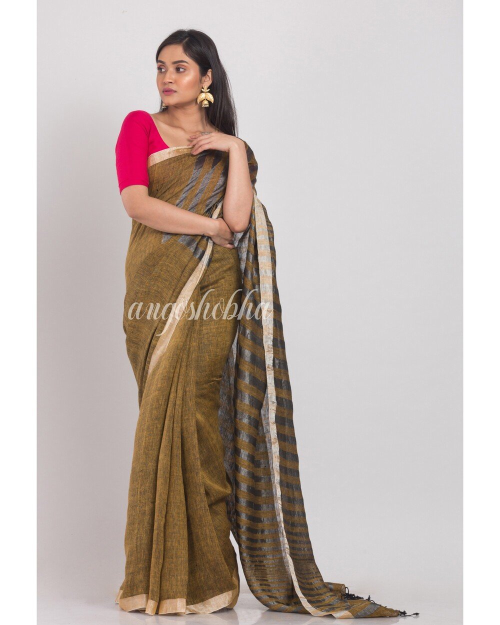 Women's Yellow Handwoven Linen Saree - Angoshobha