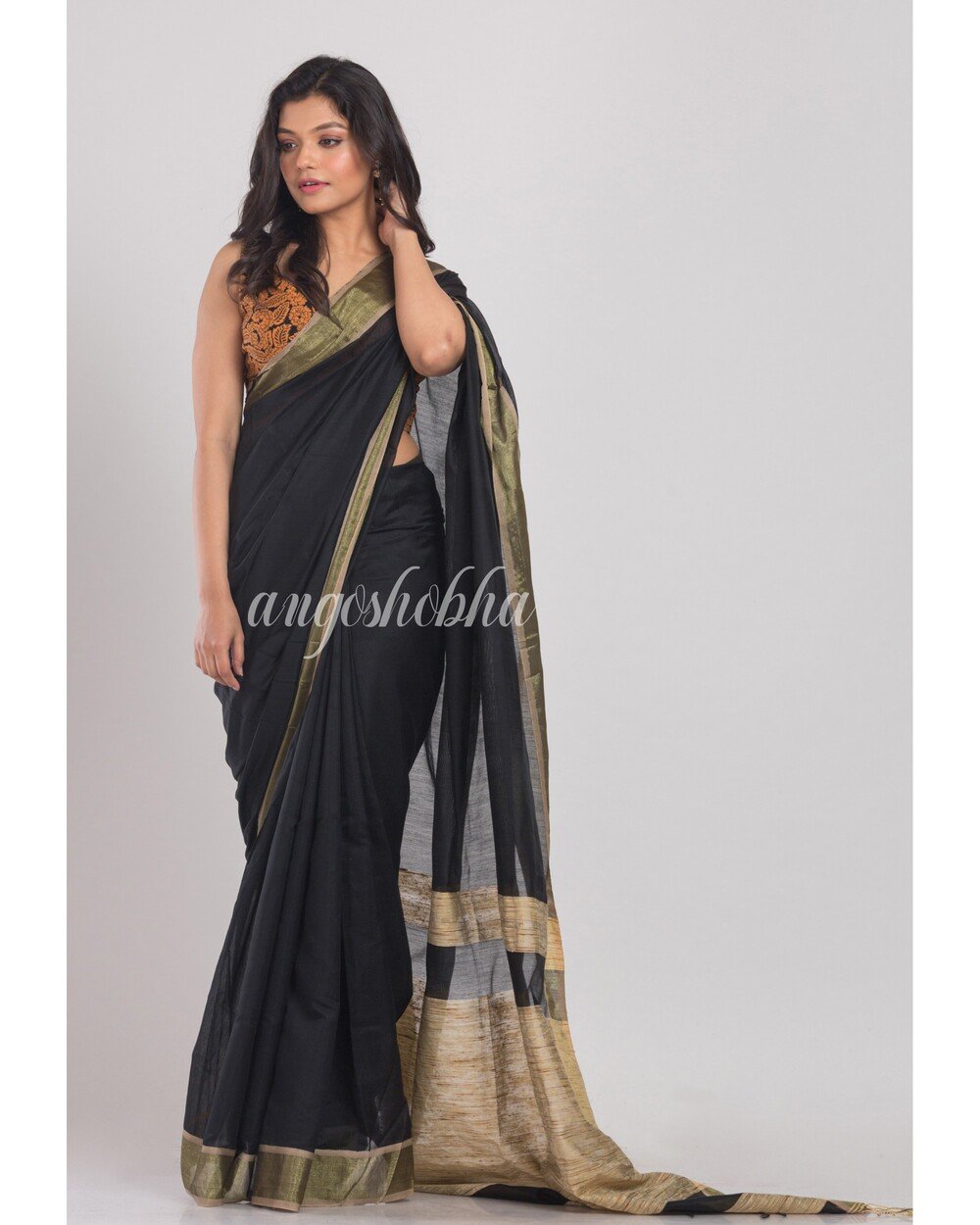 Women's Black Handloom Cotton Silk Saree - Angoshobha