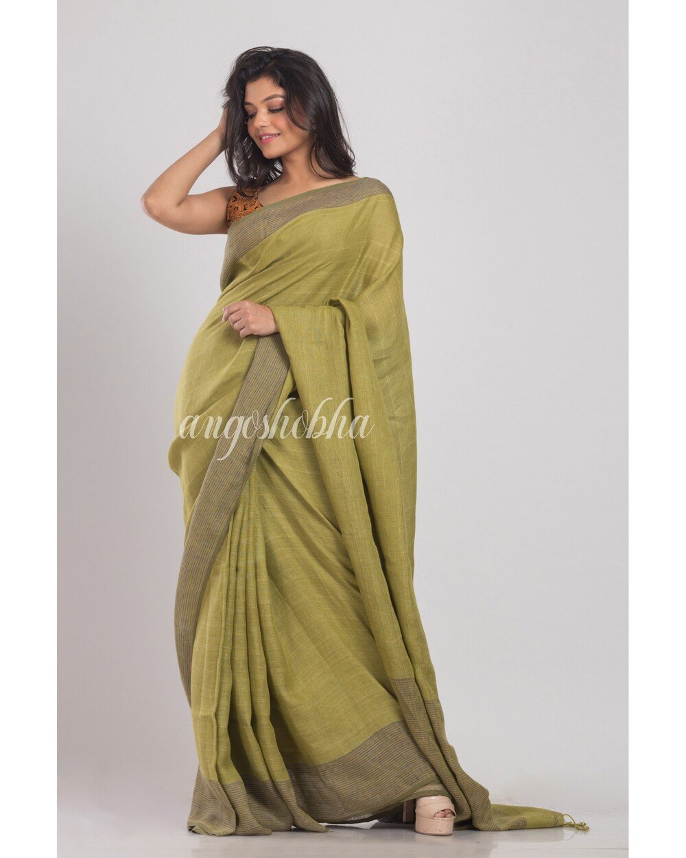 Women's Navy Blue Handloom Linen Saree - Angoshobha